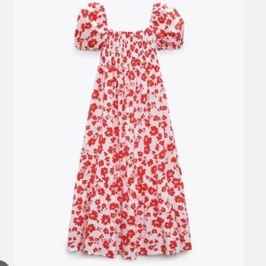 Zara Red & White Hawaiian Floral Print Puff Sleeve Midi Dress